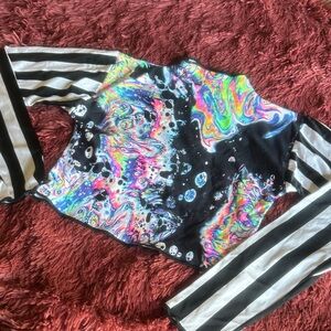 Psychedelic Oil-Slick Crop Top with Black & White Striped Sleeves